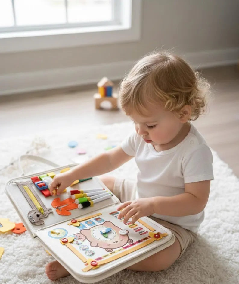 Montessori Sensory Busy Board – Portable Felt Activity Book for Toddlers' Fine Motor Skills Early Learning Travel Toy